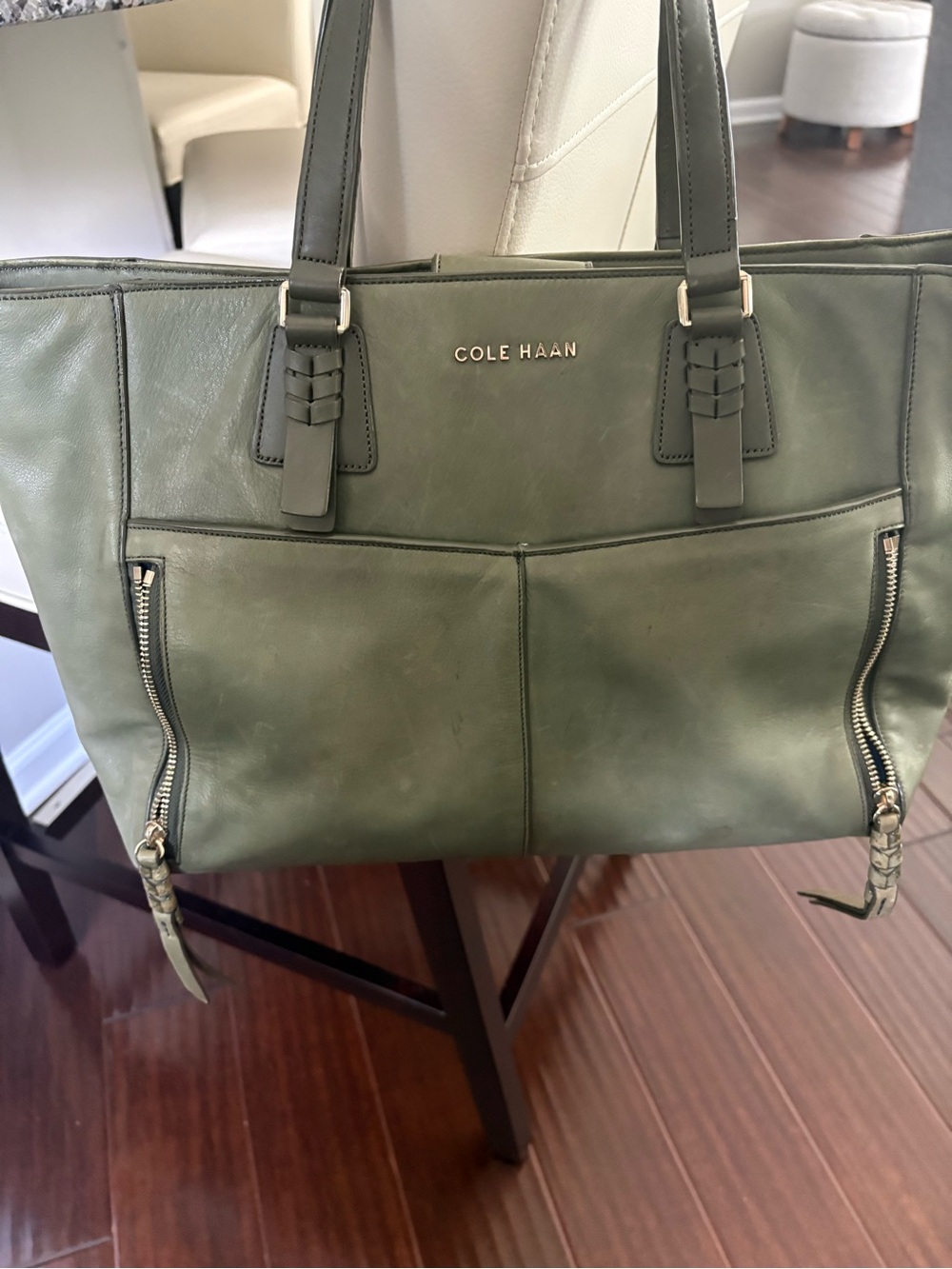Cole Haan Olive Green Leather Tote with Front Zip Pockets